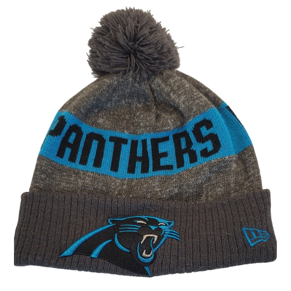 New Era Carolina Panthers NFL Beanie Knit Pom Hat Grey Blue One Size RN11493